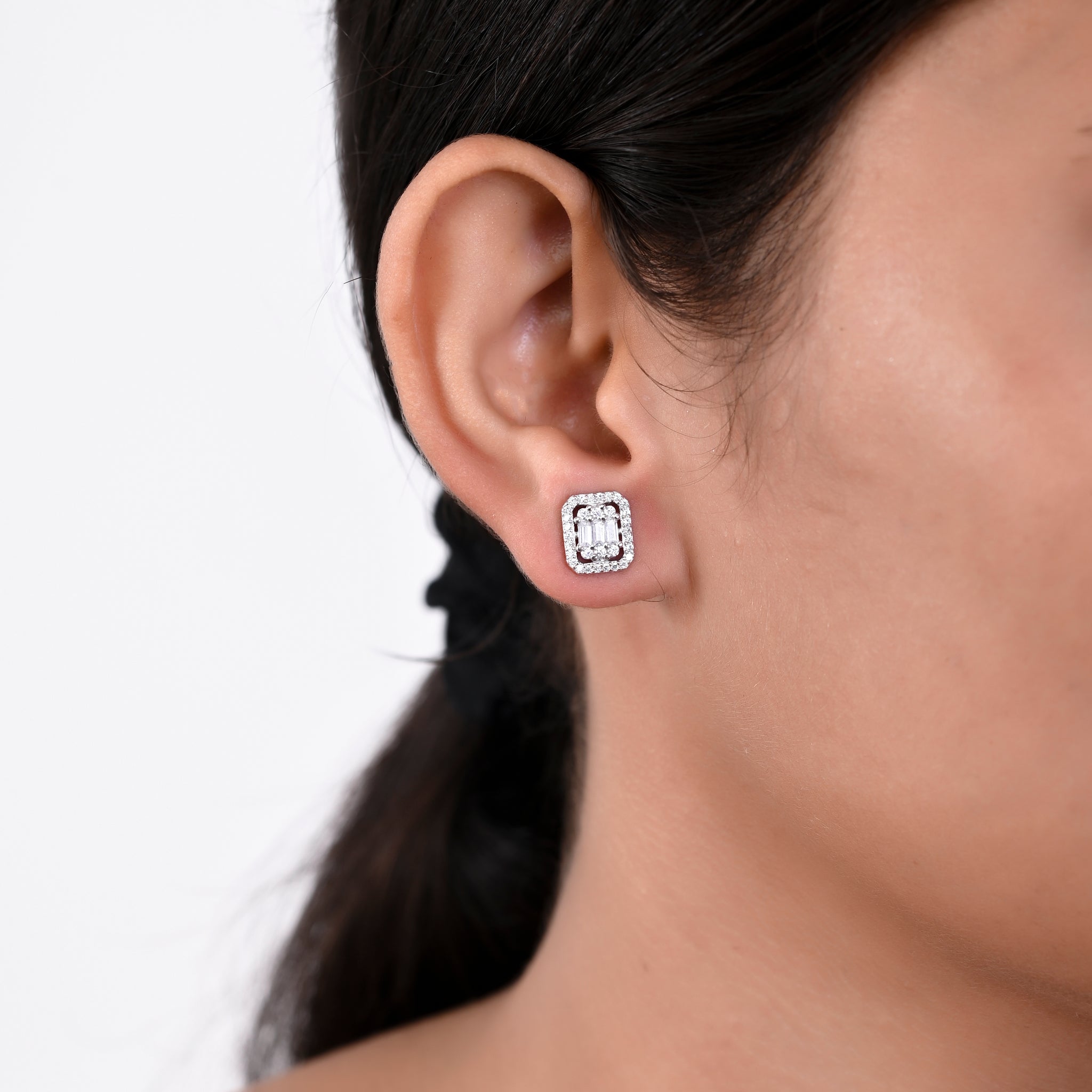●TATIANA● Silver 925 Bulky Emblem Circle One-Touch Earring Sterling Silver Crescent Moon Cubic Zirconia Stud Earrings