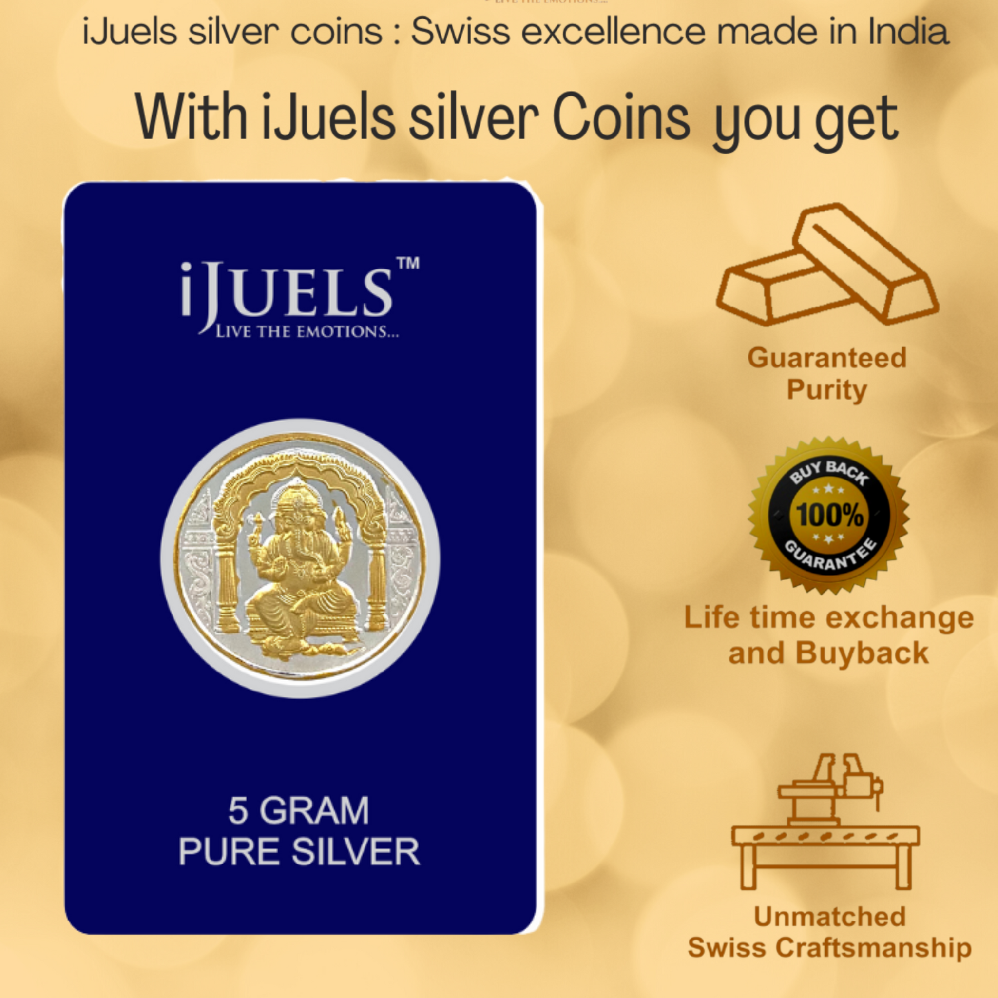 22kt Gold Plated grams silver Coin with Ganesh /Ganpati BIS Hallmark