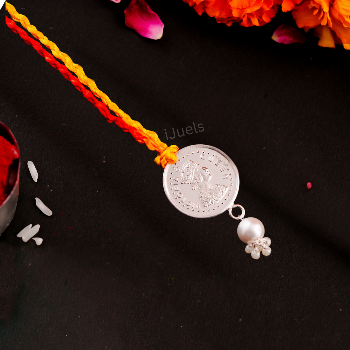 999 Pure Silver Queen Coin Lumba Rakhi – 2 Gram Elegant Rakhi with Cer